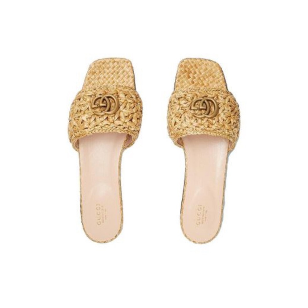 *NEVER BEEN WORN* Gucci Raffia Slide Sandals - Natural Tan - Picture 2 of 2